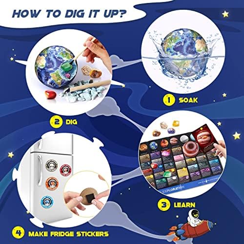 EDUMAN Gemstone Dig Kit - Dig up 40 Real Gems & Crystals with Mining Tools, Solar System Gemstones Excavation Kit with Learning Cards, STEM Science Educational Toys, Gift for Boys and Girls