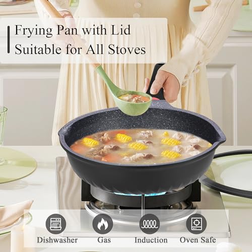 Vinchef Nonstick Skillet with Lid, 11In/5Qt Aluminum Deep Frying/Saute Pan with Lid and Heat Indicator, Anti Scratch and Anti Stain, Induction Compatible