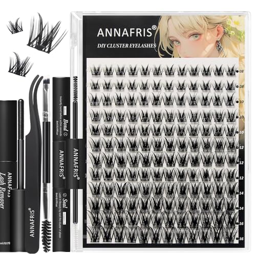 ANNAFRIS Pestañas Postizas Kit DIY Pestañas Pelo a Pelo Individuales Cluster Lashes con Pinzas y Pegamento (CS-FD01)