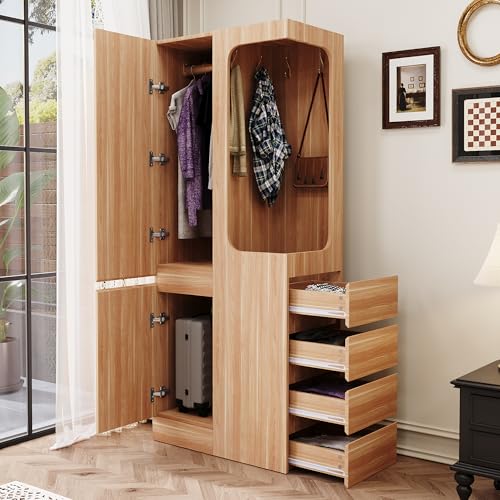 Armario Con Madera Natural, Diseño Abierto Con Cajones Y Estantes, Ropero Compacto De Una Puerta, Armario Para Dormitorio Y Oficina, Madera Natural, 70.40.170 cm