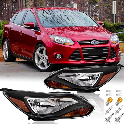 Headlights Assembly with Bulbs for 2012 2013 2014 Ford Focus (3rd Gen Pre-Facelift) Halogen Headlamps Replacement Driver and Passenger Side Pair (LH RH),Black Housing Amber Reflector