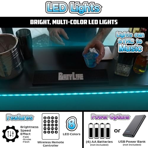 Image of PartyLife 48 inch Premium Portable Bar Table w /LED Lights, Folding Legs, Black Fabric Bar Skirt, 2 Storage Shelves & 2 Carrying Bags | Commercial Grade | Strong & Sturdy - Black