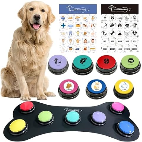 BOSKEY 7 Colour Voice Recording Button, Dog Communication Buzzer Button for Pet Training, 30-Second Record and Playback, Includes Waterproof pad and 50 Scenario Stickers. Cover