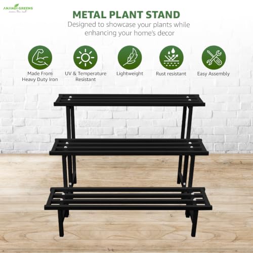 Image of Anandi Greens Black Heavy Duty 3 Tier Metal Plant Stand for Grow Bags Planters and Pots Rust Resistant Iron Plant Pot Holder Rack for Outdoor Balcony Indoor Living Room and Garden Supports Up to 200 kg