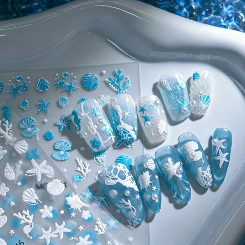 3 Sheets 5D Embossed Ocean Nail Stickers Pink Blue White Shell Starfish Waves Self Adhesive Nail Decals Summer Beach Nail Art Stickers Marine Life Nail Supplies for Women Manicure Decorations