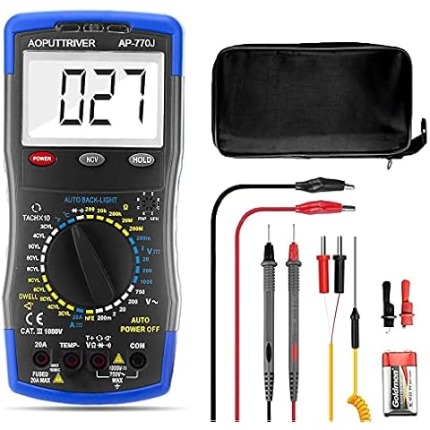 Digital Multimeter, Automotive Multimeter, Engine Analyser Manual Ranging NCV Multi Tester Voltmeter Measure Voltage+Current+Resistance+Temp+RPM+Dwell Angle with Data Hold+Backlight+Auto Off+℃/℉ Cover