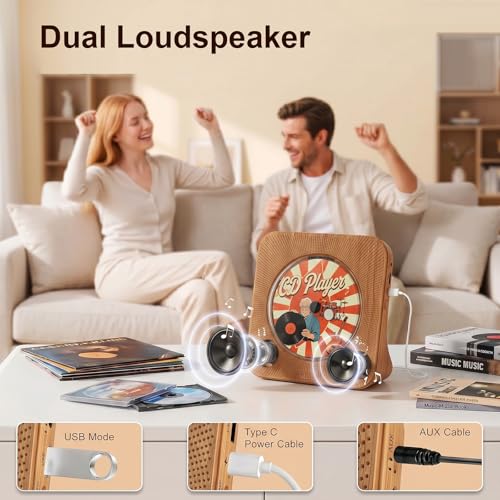 Image of Gueray CD Player Portable Bluetooth Desktop CD Player for Home with Timer Built-in HiFi Speakers with LCD Screen Display Boombox FM Radio USB Type-c (Wood Grain)