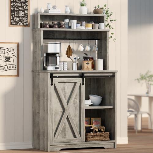 BestHaped Farmhouse Coffee Bar with 3 Tier Storage Hutch, 56 Inch Small Coffee Station with 6 Hooks, Corner Bar Table with Adjustable Shelves for Living Dining Room (Grey)