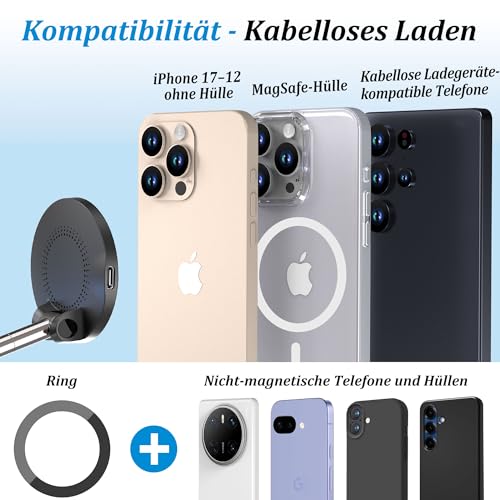 PlusAcc Vakuum Handyhalterung Auto mit Ladefunktion - Saugnapf 360° Drehbar Klappbar Magnetisch Handy Halter für Magsafe iPhone 17/16/15/14/13/12 an Windschutzscheibe/Armaturenbrett