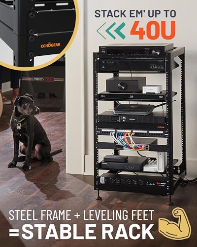 Image of ECHOGEAR 20U Open Frame Rack w /Optimal Air Flow, DIY Assembly, 20.4 inch Depth | Wall mountable enclosure includes 2x vented shelves, 25x mount screws, 4x leveling feet, 4x shelf stops, 2x securement stops
