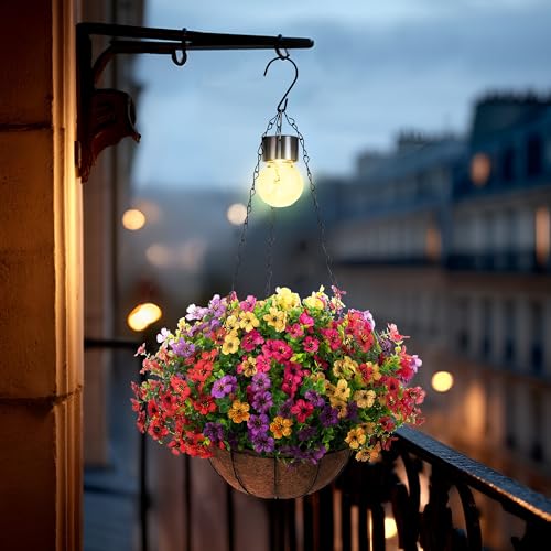 Solar Planters,Artificial Faux Plants Flowers Basket for Summer Outdoor Decorations,Fake Silk UV Resistant Look Real,Realistic Ferns for Outdoors for Porch Decor,12 Bundles (Blue Red Purple)