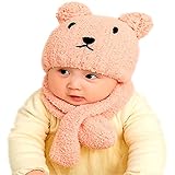 [ｍiaotti] [ミャオッティ] ベビーニット帽子 マフラー 2点セット くま 赤ちゃん 新生児 冬 耳付き 防寒対策 0～2歳 フリーサイズ (ピンク)