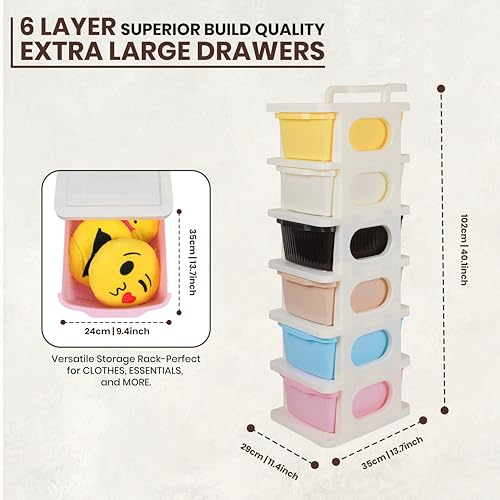 Image of KITCHIVO Heavy Duty Plastic Storage Drawer with Wheels | Modular Cabinet for Bedroom, Office, Home or Classroom| Chest of Drawers Organiser for Cosmetics, Kitchen items, Toys (Multi, 6)