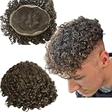 Voloria Toupee for Men European Human Hair Replacement System Hairpieces Soft Thin Super Full Swiss Lace Toupee 10”x8” Base Small Curly #4 Medium Brown Color