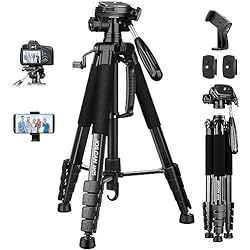 Tripode De Camara Canon JOILCAN 187cm Trípode Ligero Cámara, Aluminio, para Canon Nikon Sony con Cabezal Giratorio Desmontable de 3 vía, con Soprtre de Teléfono Movil, Bolsa de Transporte, Carga hasta 5kg