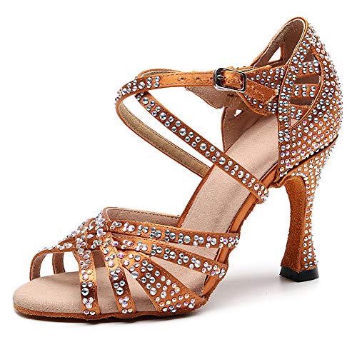 HIPPOSEUS Women's Latin Dance Shoes Tan Shiny Rhinestones Ballroom Party Salsa Dance Performace Shoes 3 1/2inch Heel,Model 1046,7.5 B(M) US