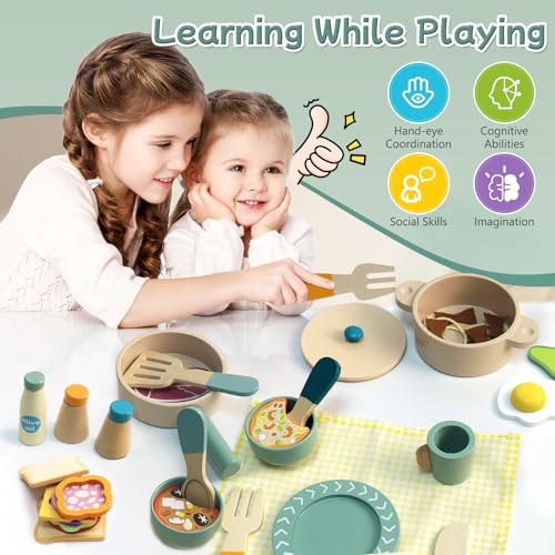 Wooden Kids Play Kitchen Accessories, Wooden Pots and Pans for Play Kitchen, Pretend Play Toys, Wooden Play Food Set, Kitchen Playset Accessories for Boys and Girls 3 4 5 6 - Image 4