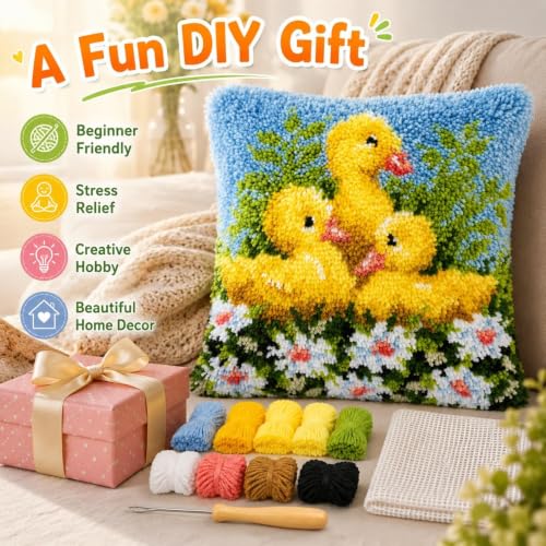 Image of clubevy DIY Latch Hook Kits Pillow Case Embroidery Carpet Set Needlework Pillow Cover Sofa Cushion Cover Craft Kits 17x17 inch (4159ducks)