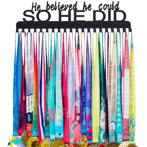Goutoports Medal Holder Display Hanger Rack Frame for Sport Race Runner - He Believed He Could - Sturdy Black Steel Metal Over 60 Medals Easy to Install