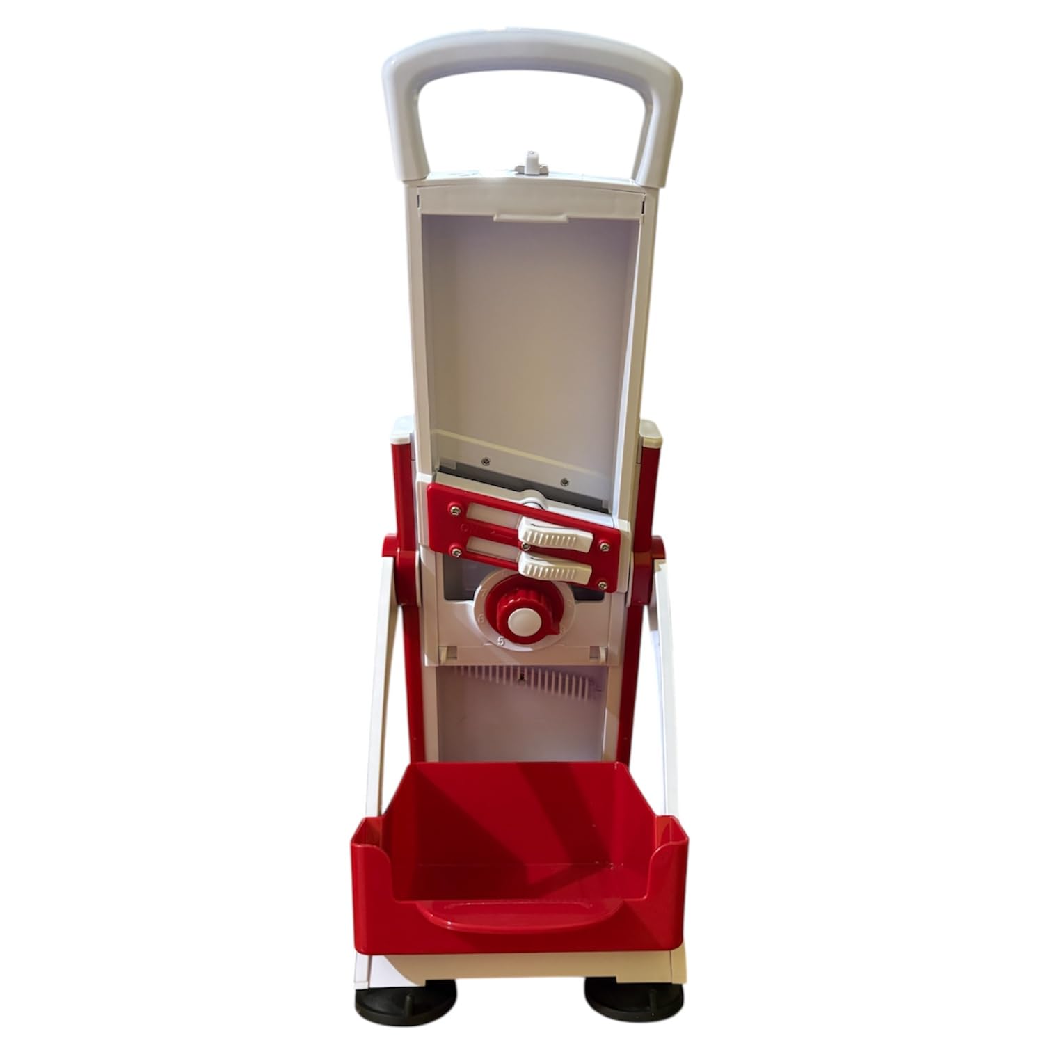 Affettatrice Verticale Professionale, Slycer per Salumi Formaggi e Carni, Rosso e Bianco, con Lama in Acciaio, Manico Estraibile, Base Stabile Antiscivolo