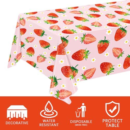 Image of 3 Pack Strawberry Tablecloths Strawberry Birthday Plastic Table Cover for Berry First Birthday Decor Baby Shower Party Decorations, 54 x 108 Inch