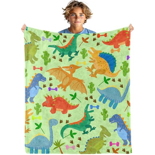 Image of Kids Dinosaur Throw Blanket - Throw Size 50" x 60" Dinosaur Blanket Boys Girls Soft Cozy Flannel Warm Dino Blankets Dino Toddler Boys Blankets, Green
