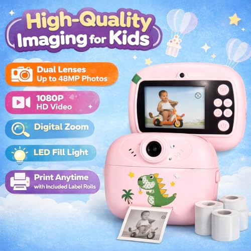 Image of Casaquin Kids Instant Print Camera - 1080P HD Digital Video Camera with Built-in Thermal Printer, Mini Games | Birthday Gift for Boys & Girls Ages 3-12 (2 Paper Rolls Included, Random Color)