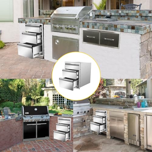 Image of Outdoor Kitchen Drawers Triple BBQ Drawers 20 inch W x 27 inch H x 23 inch D Flush Mount Stainless Steel Drawer with Hidden Handle for Outdoor Kitchen