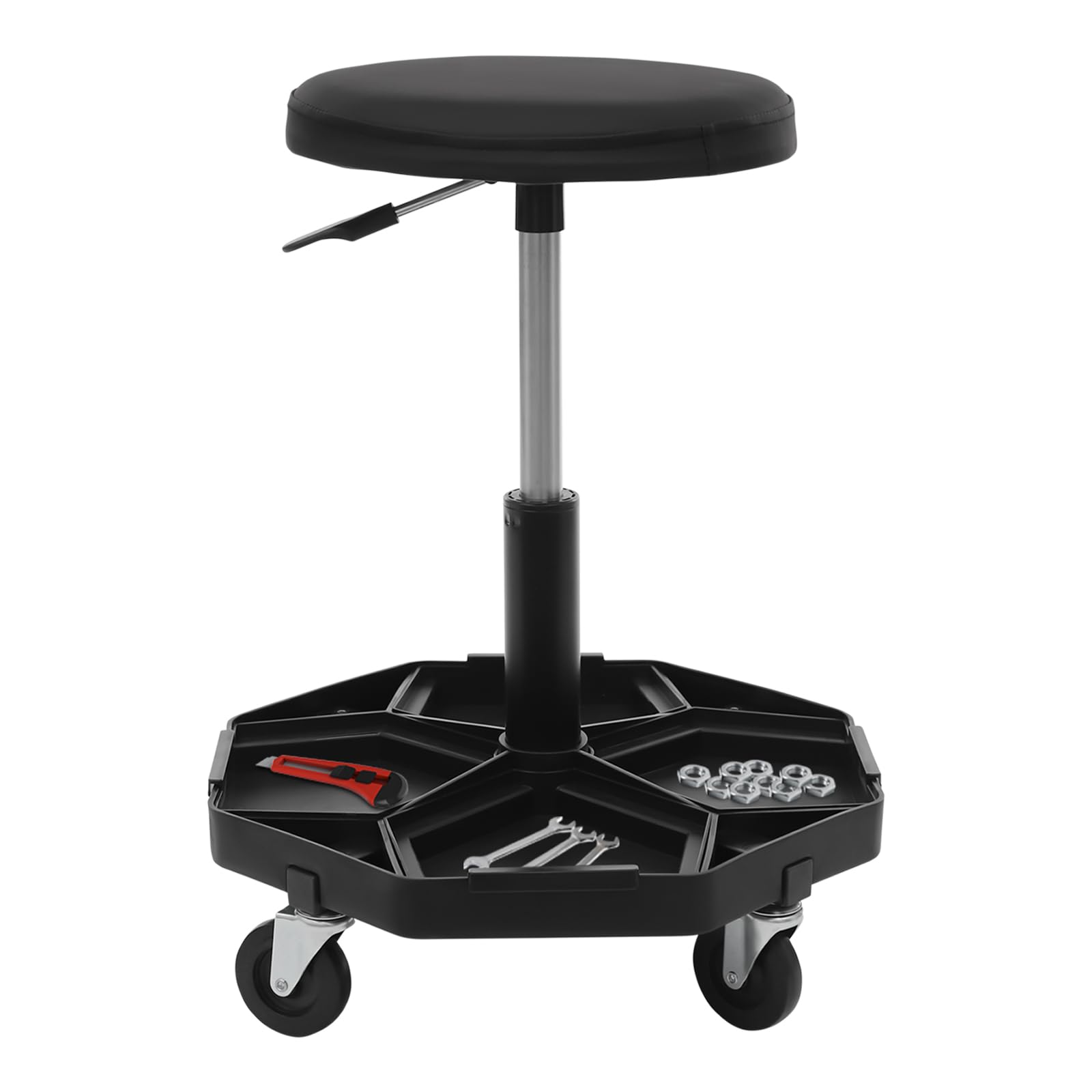 Sgabello da officina regolabile in altezza, con ruote e ripiano per attrezzi, 150 kg, per garage, negozi, saloni, officine (nero)