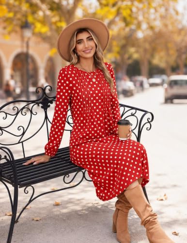 Image of Zeagoo Fall Dresses for Women Long Sleeve Midi Dress Casual A Line Dresses 2026 Pleated Flare Dress with Pockets