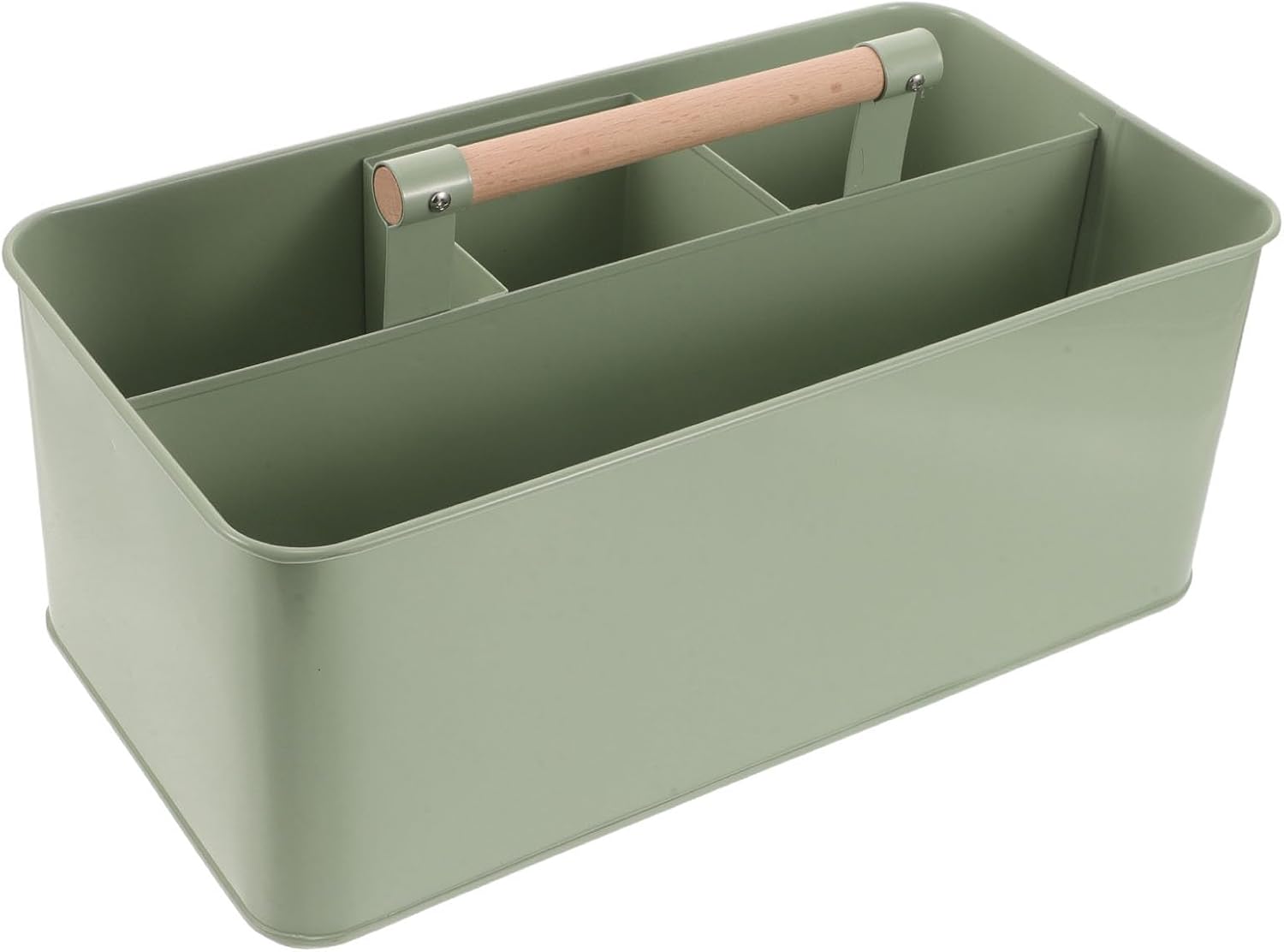 Sosoport Metal Rounded Compartments and Tool with 4 Wooden Caddy Garden Handle, Portable Iron Basket 13x7x5 Inches with Water Drainage Corners for Gardening Outdoor and Indoor Use