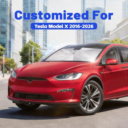 Image of Car Windshield Sun Shade for Tesla Model X 2016-2026 -[Reflective Coated Fabric] Sunshade Umbrella for Front Window, Car Shades Sun Visor Keep Car Cool and Protects Interior, 1:1 Exact Fit
