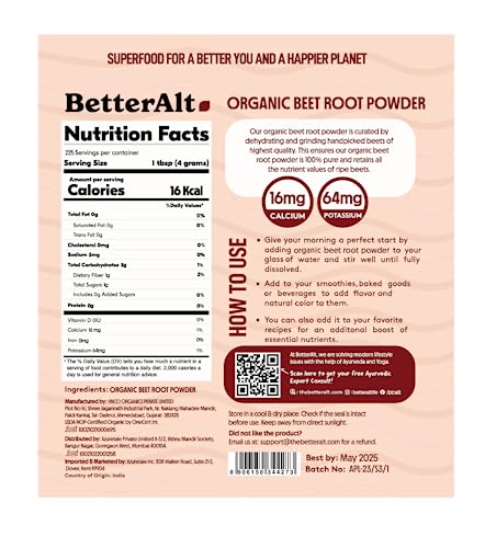 Image of Better Alt Organic Beet Root Powder, USDA Certified - Nitric Oxide Supplement, Beet Juice Powder Superfood Beetroot Supplement, 225 Servings, 2 lb