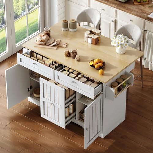 Ktipm Isla Cocina con Ruedas y Encimera Plegable, Mueble Auxiliar de Cocina con 3 Cajones y 2 Puertas, Isla de Cocina con Estante para Condimentos y Toallero, 137x45-70x92 cm, Natural+Blanco
