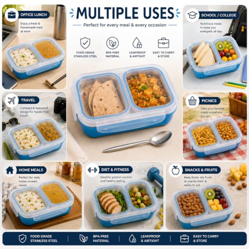 Image of Bento Lunch Box 550ml, Stainless Steel Lunch Box with 2 Compartments & Spoon, Microwave Safe BPA Free Tiffin Box, Leak Resistant Lunch Box for Kids & Adults, Office, School & Travel Blue