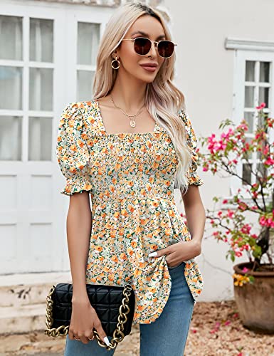 Lomon Womens Casual Floral Puff Short Sleeve Blouses Square Neck Smocked Babydoll Tunic Tops Shirts, M #TOP1