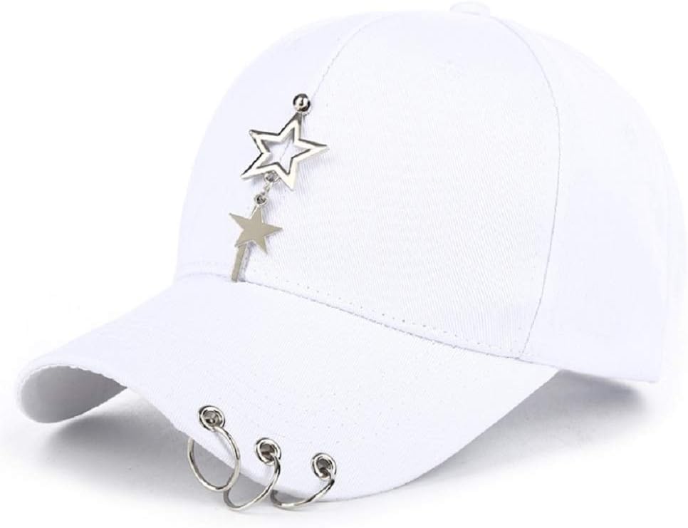 K-pop Metallic Fitted Cap with Ring Chain, Unique Design, Star Embellishment