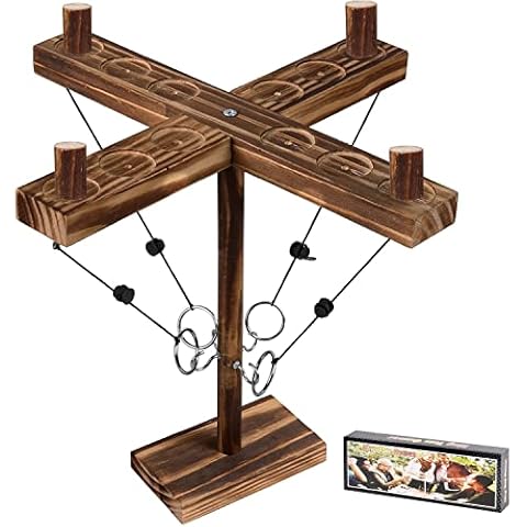Hook Ring Toss Game for Kids Adults, 4 Hook and Ring Toss Battle Game with Shot Ladder (30cm Brown),Wooden Hook and Ring Game for Bars, Home, Party, Outdoor Indoor Fast-paced Interactive Games Cover