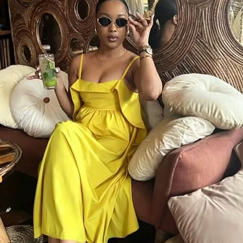 Image of YUEWOO Midi Dresses for Women Casual Summer Sundresses Vacation Outfits Spaghetti Strap Smocked Women Maxi Dress with Pockets