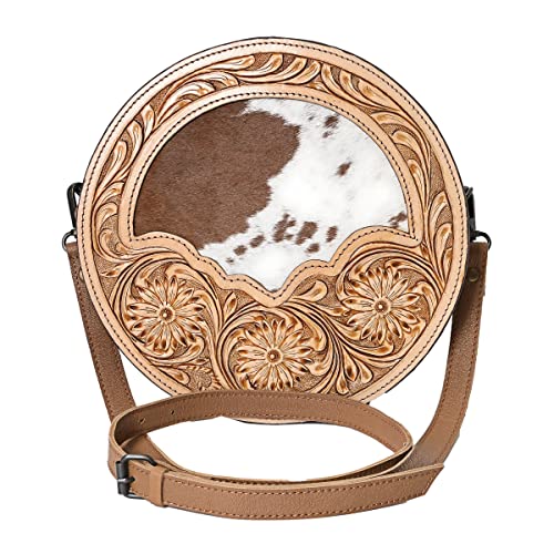 western Handtooled Cowhide Hairon Canteen Crossbody bag with Adjustable Detachable Leather Strap,Antique dye finish