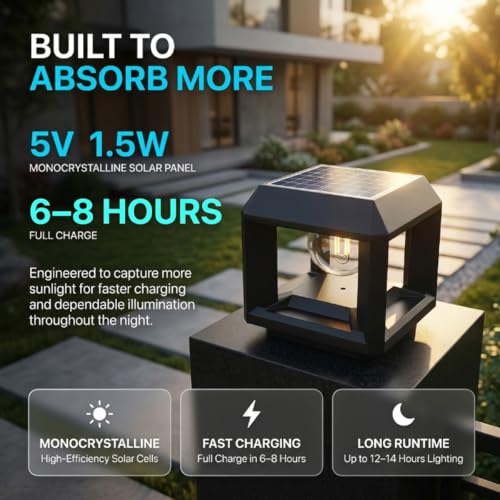 Image of Hardoll Solar Pillar Light Outdoor Waterproof | Warm Solar Gate Light for Home, Garden & Wall | Lamp for Balcony, Fence, Terrace & Pathway | 10-12H Backup | IP54