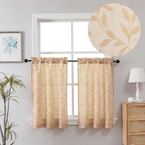Chyhomenyc Mila Gold Kitchen Tier Curtains, 36 Inch Length, Semi Sheer Leaf Jacquard Textured Small Cafe Curtains, Light Filtering, Each 30Wx36L, 2PCS