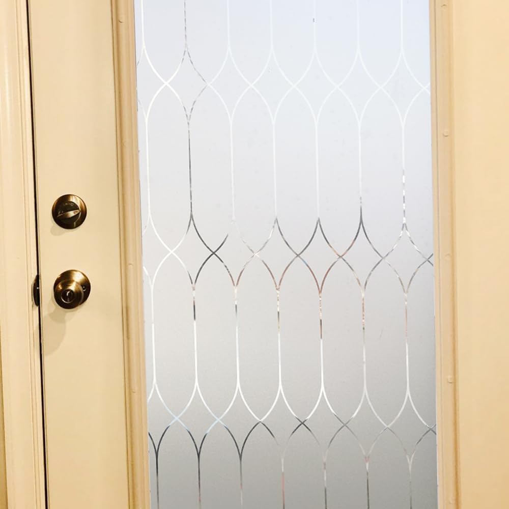 Privacy Window Film Decoration, Heat Control Window Tint for Home, Static Cling Glass Door Coverings Window Sticker Removable Non-Adhesive UV Blocking, Frosted Film w/Clear Morocco Lines, 35.4"x157"