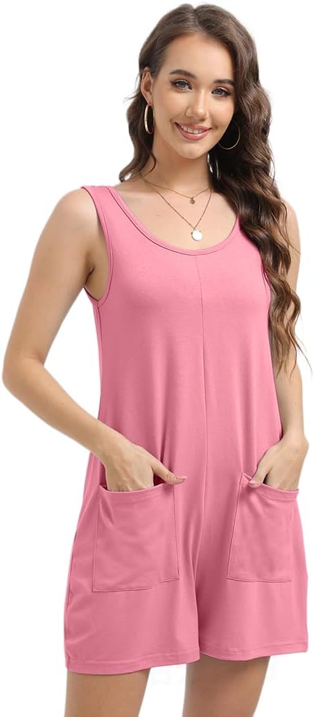Womens Summer Rompers Crewneck Sleeveless Tank Top One Piece Jumpsuit Beach Jumpsuit with Pockets - Image 2