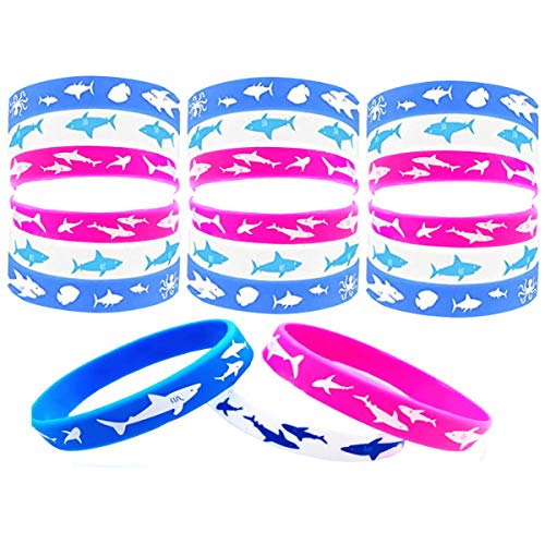Biluer 30 stuks Shark Party Gunsten Siliconen Shark Armband Siliconen Polsbandjes Rubber voor Shark Verjaardagsfeestje Babyshower Feest Geschenkdecoratie, Kindermaat (Roze, Wit, Lichtblauw)