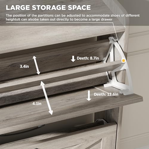 Image of Maupvit Shoe Cabinet with 2 Flip Drawers, Freestanding Shoe Cabinet Organizer with Metal Legs, Shoes Storage Cabinet for Entryway, Narrow Shoe Rack Cabinet, Washed Gray