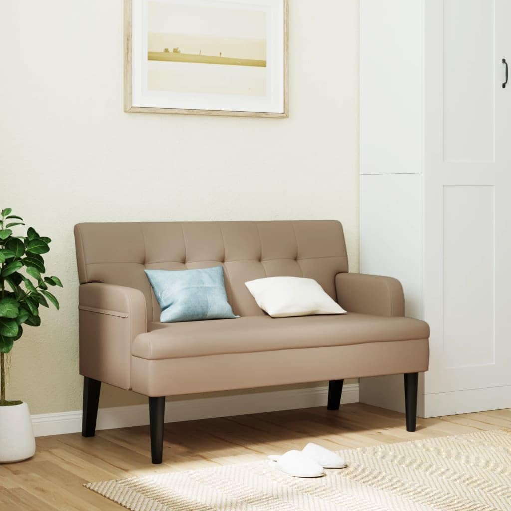 Banco con respaldo y reposabrazos, capuchino, 112 x 65,5 x 75 cm, piel sintética, asiento acolchado grueso, patas de madera de caucho maciza, estructura de madera contrachapada estable, hasta