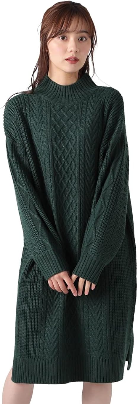 Amazon Co Jp ワンピース ニットワンピ 長袖 ハイネック ひざ丈 ケーブル編み ボリューム袖 レディース 冬 Honeys ハニーズ ハイネックワンピース ファッション