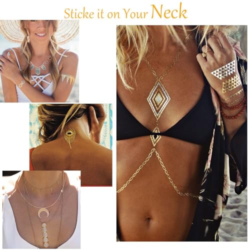 PROACC Metallic Temporäres Tattoo – 16 Blätter Musik Festival Flash Gold Temporäre Tattoos für Frauen, 300 Designs Wasserdichter goldener Tattoo-Aufkleber für den Körper von Mädchen