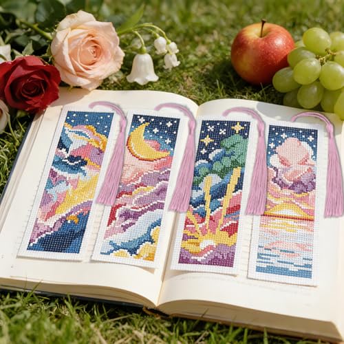 Image of ACRNIGHEET 6PCS Cross Stitch Bookmark Kit for Beginner Colorful Clouds Stamped Cross Stitch Kits Needlepoint Kit for Adults DIY Tassel Embroidery Bookmark Kits & Instructions Craft Gift 8.5 inchx3 inch 11CT